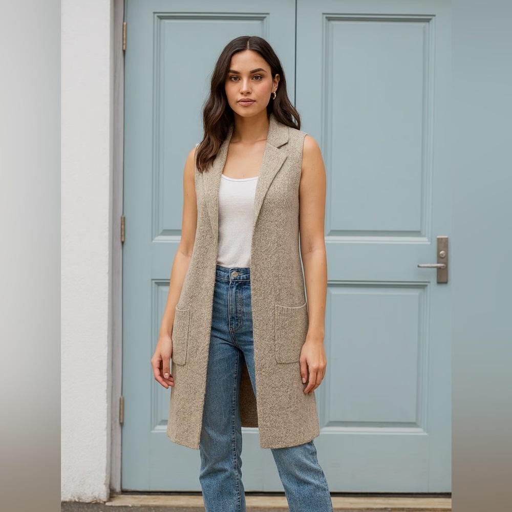 Monteau Cream Knit Long Sweater Vest